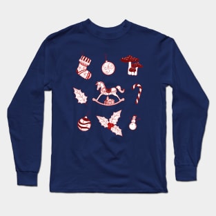 Christmas joyful illustrations of rocking horse, mushrooms, bear, snowman, Christmas stockings, candy cane, holly, gifts on a snow background. Long Sleeve T-Shirt